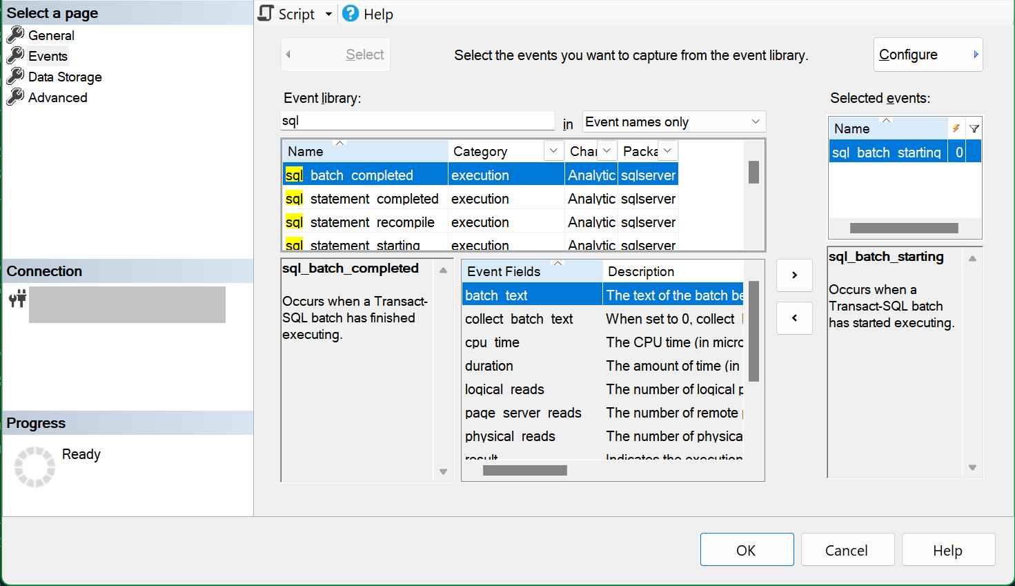 Screenshot des Dialogfelds „Neue Sitzungs-SSMS“ mit der Seite „Ereignisauswahl“ mit ausgewähltem sql_batch_starting Ereignis.