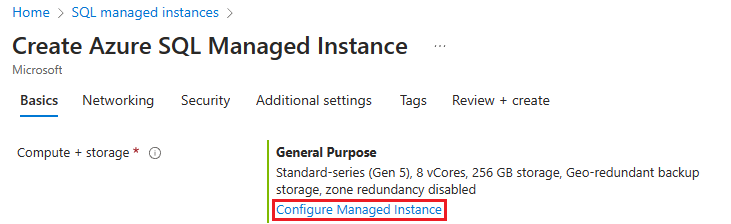 Screenshot der Seite zum Erstellen einer Instanz von Azure SQL Managed Instance im Azure-Portal mit ausgewählter Option Verwaltete Instanz konfigurieren“