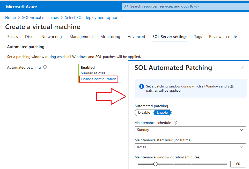 Screenshot des automatisierten SQL-Patchens im Azure-Portal.