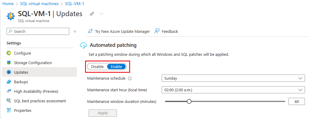 Screenshot des automatisierten SQL-Patchens für vorhandene VMs.