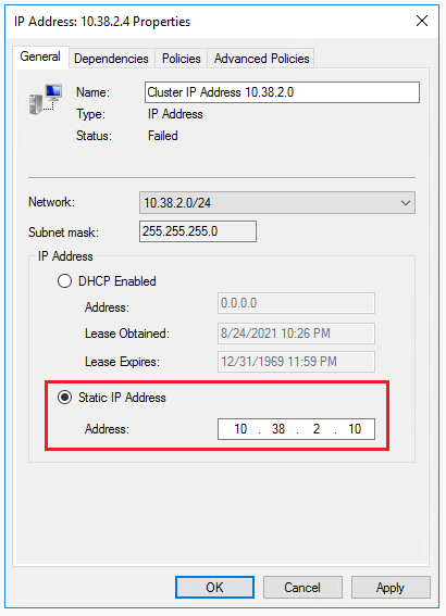 Wiederholen Sie die Schritte für die zweite fehlerhafte IP-Adressressource. Verwenden Sie dabei die dedizierte Windows-Cluster-IP-Adresse für das Subnetz der anderen SQL Server-VM.