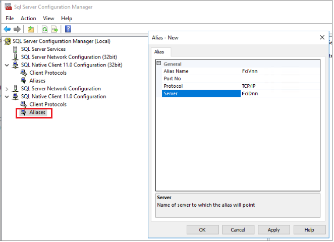 Konfigurieren Sie den DNN-DNS-Namen als Netzwerkalias mit dem SQL Server-Konfigurations-Manager.