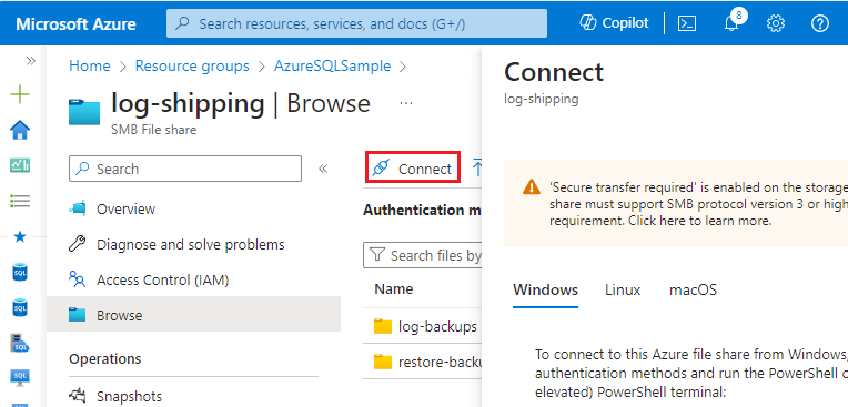 Screenshot der Option „Verbinden“ für die Dateifreigabe im Azure-Portal.