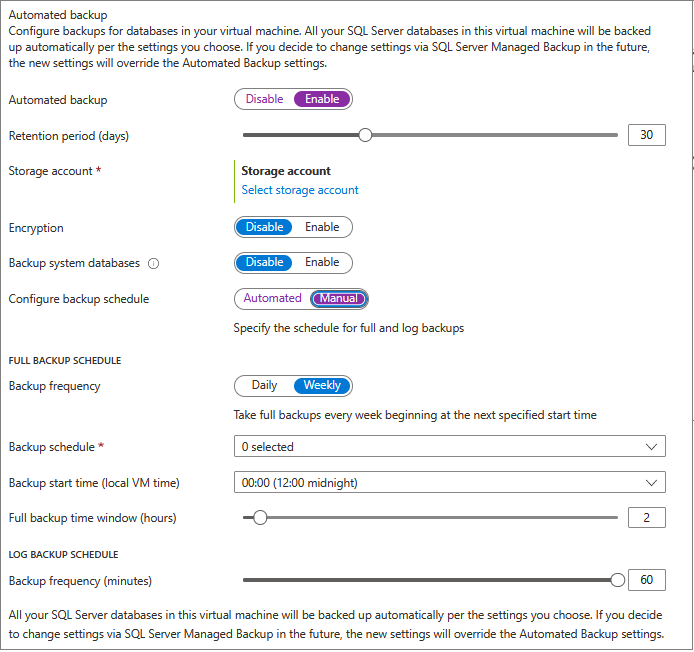 Screenshot der SQL-VM-Ressource im Azure-Portal, der zeigt, wo automatisiertes Sichern und Planen konfiguriert werden