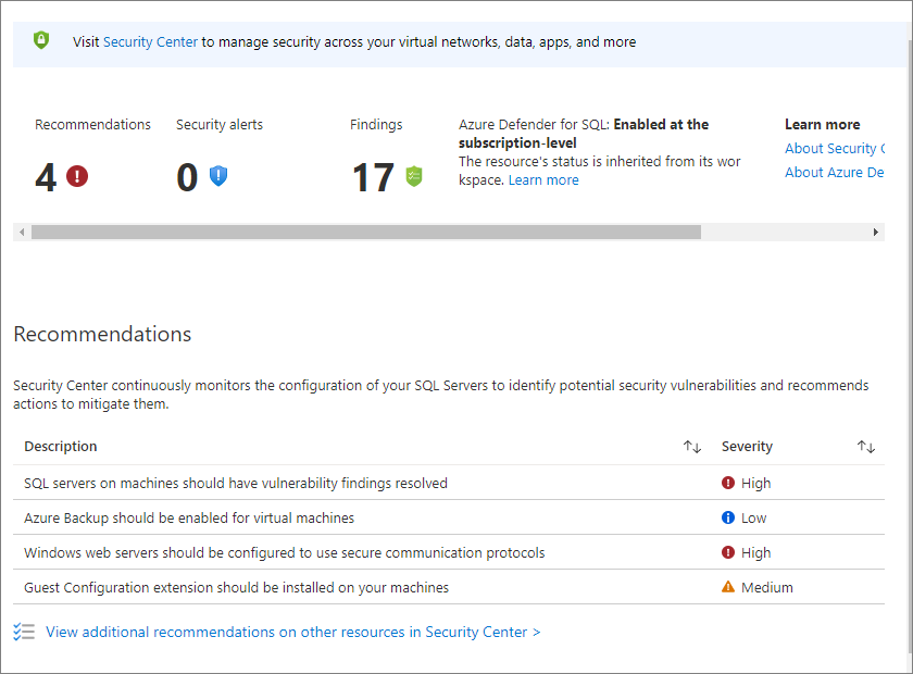 Screenshot der SQL-VM-Ressource im Azure-Portal, der zeigt, wo die Einstellungen für SQL Server Defender for Cloud konfiguriert werden