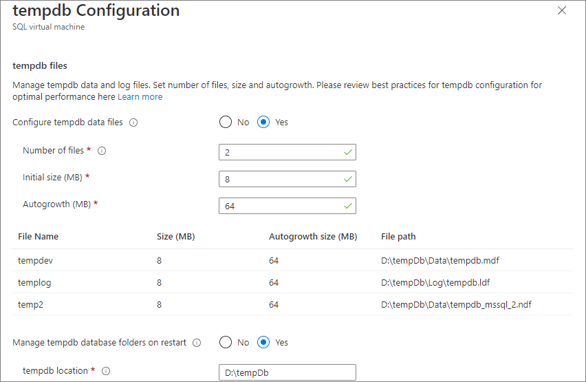 Screenshot: Seite „tempdb-Konfiguration“ im Azure-Portal unter der Seite „SQL-VM-Ressourcen“.