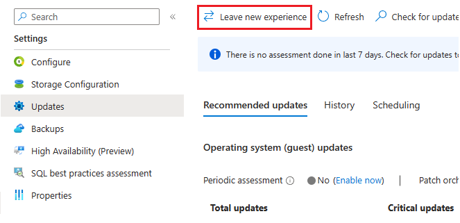 Screenshot der Seite „Updates“ in der Ressource für virtuelle SQL-Maschinen im Azure-Portal mit hervorgehobener Option „Neue Benutzeroberfläche verlassen“.