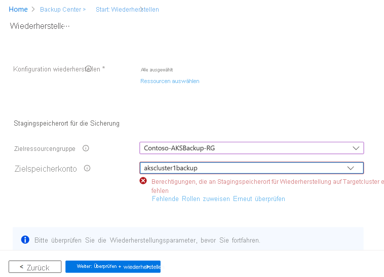 Screenshot des Speicherparameters, der zum Wiederherstellen aus Vault-Standardspeicher hinzugefügt werden soll.