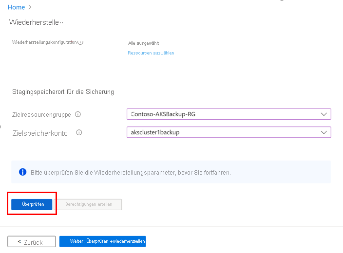 Screenshot der Überprüfung von Wiederherstellungsparametern.