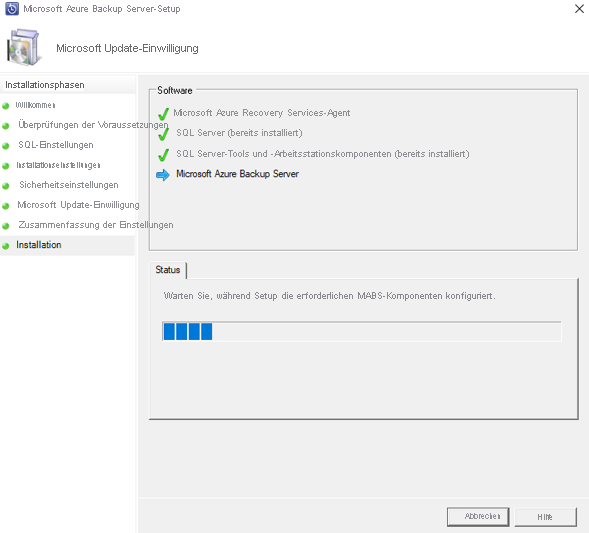 Screenshot zeigt den Status des Azure Backup Server-Setups.