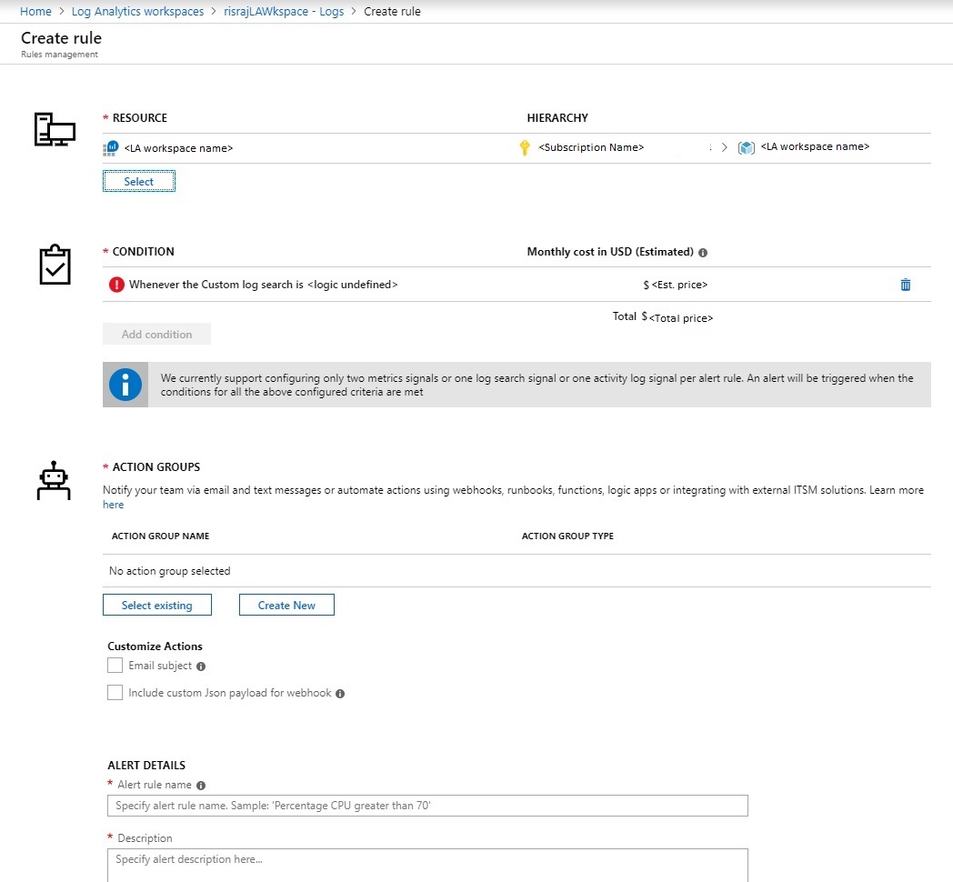 Die Log Analytics-Seite für die Warnungserstellung