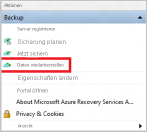 Screenshot von Azure Backup mit hervorgehobener Option „Daten wiederherstellen“ (Wiederherstellen auf einem anderen Computer)