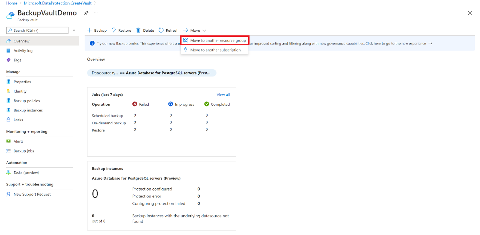 Screenshot: Option zum Verschieben des Azure Backup-Tresors in eine andere Ressourcengruppe.