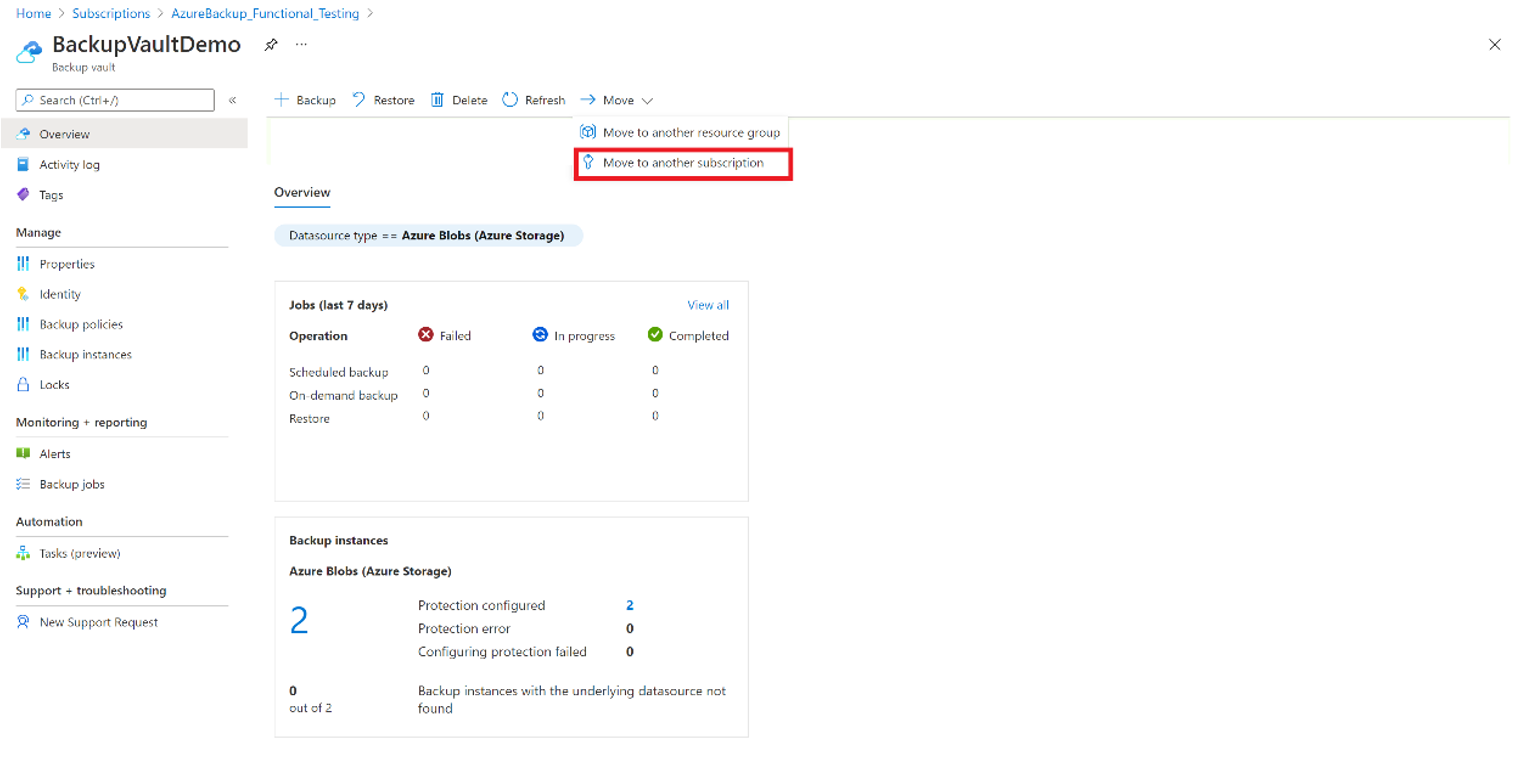 Screenshot: Option zum Verschieben des Azure Backup-Tresors in ein anderes Azure-Abonnement.