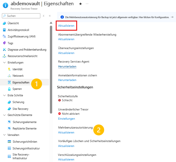 Screenshot: Eigenschaften des Recovery Services-Tresors