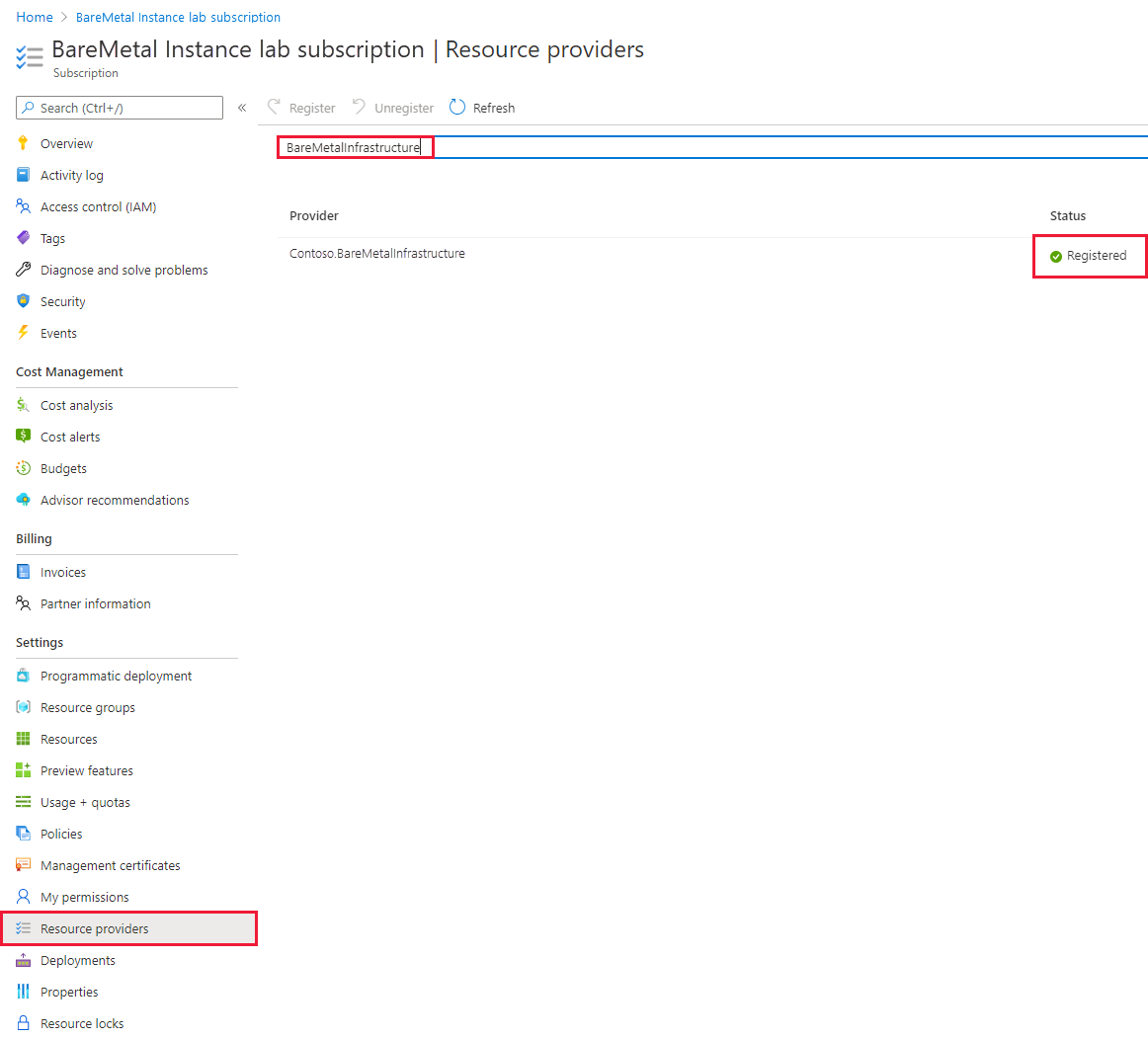 Screenshot der registrierten BareMetal-Instanzen