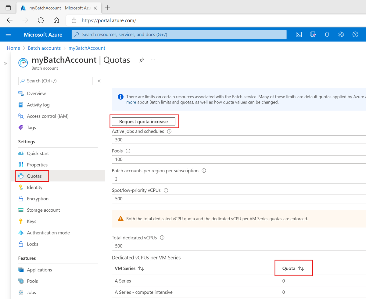 Screenshot der Seite „Kontingent“ des Batch-Kontos im Azure-Portal. Hervorhebungen für die Seite „Kontingent“ im Menü, Schaltfläche zum Anfordern einer Kontingenterhöhung und Kontingentspalte in der Ressourcenliste.