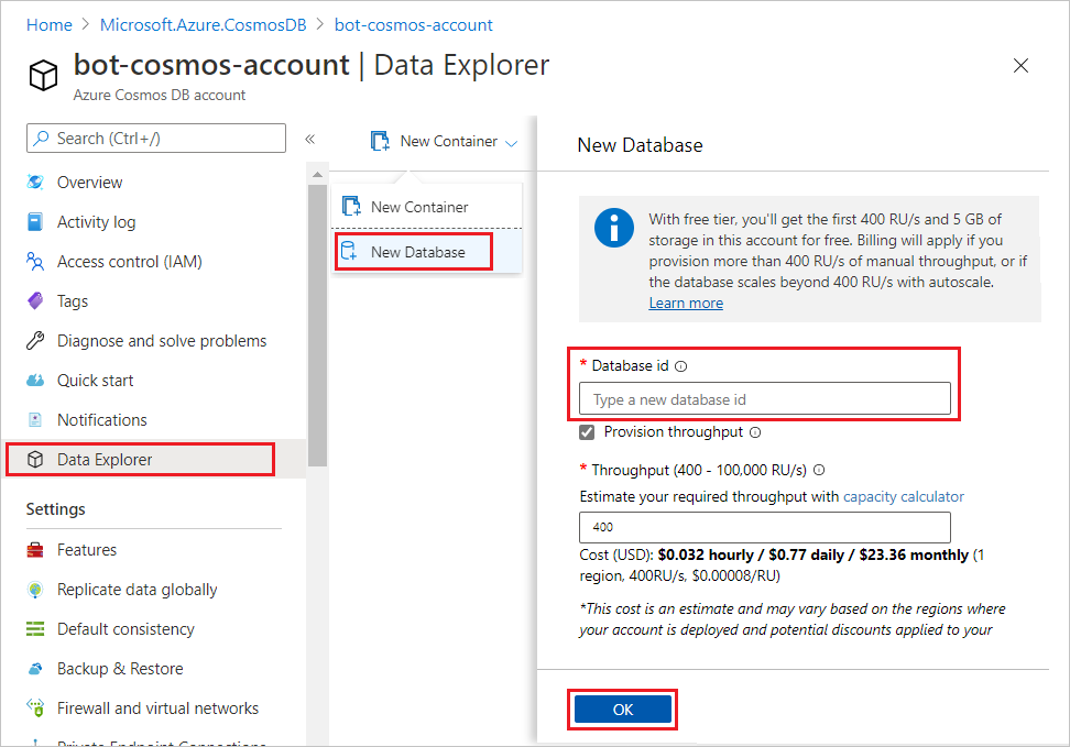 Screenshot der Erstellung Ihrer Cosmos DB-Datenbank.