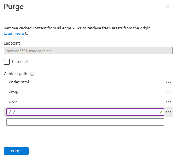 Screenshot der Seite „Bereinigen“ in einem Azure Content Delivery Network-Profil.