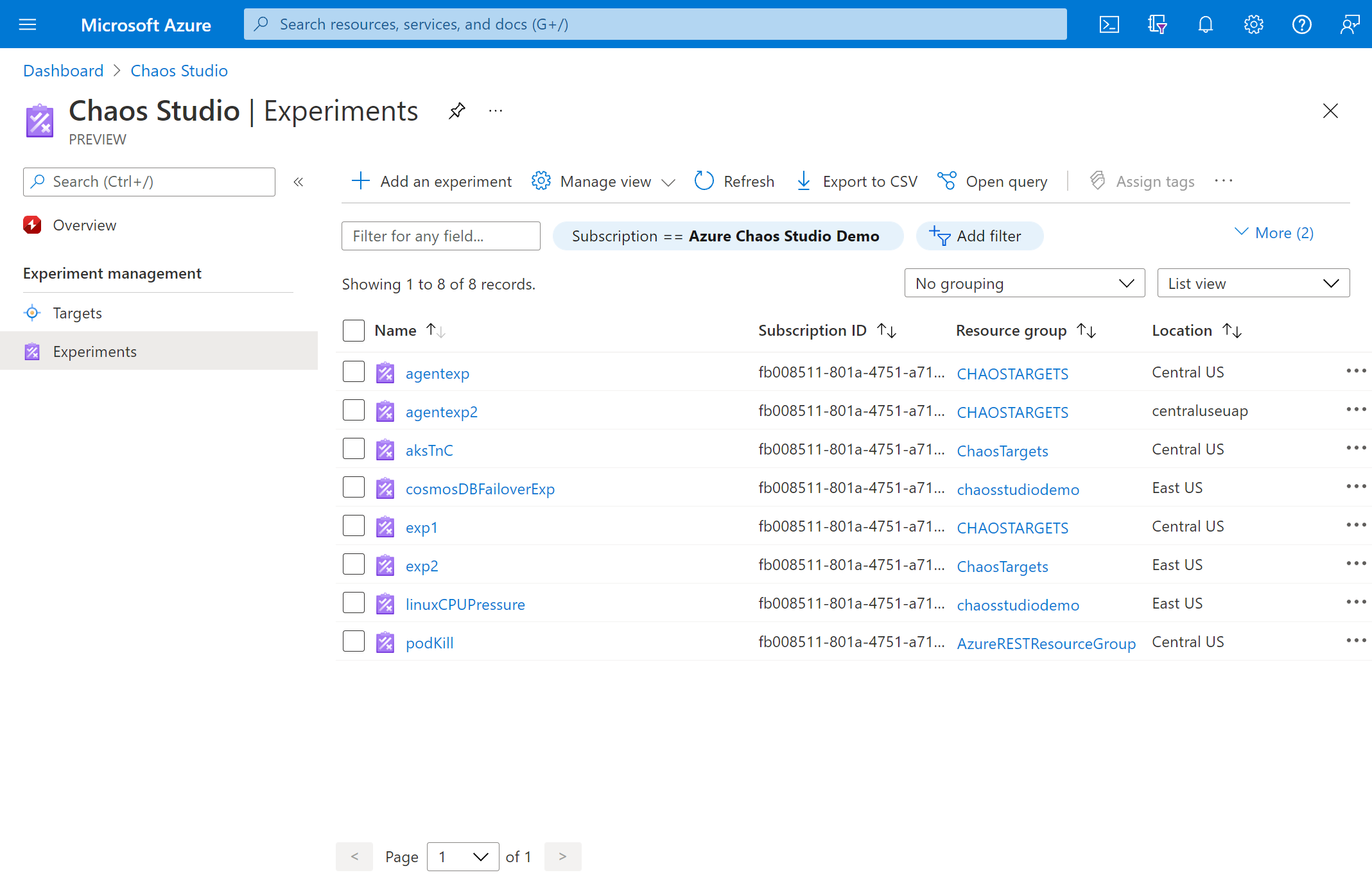 Screenshot, der die Ansicht „Experimente“ im Azure-Portal zeigt.