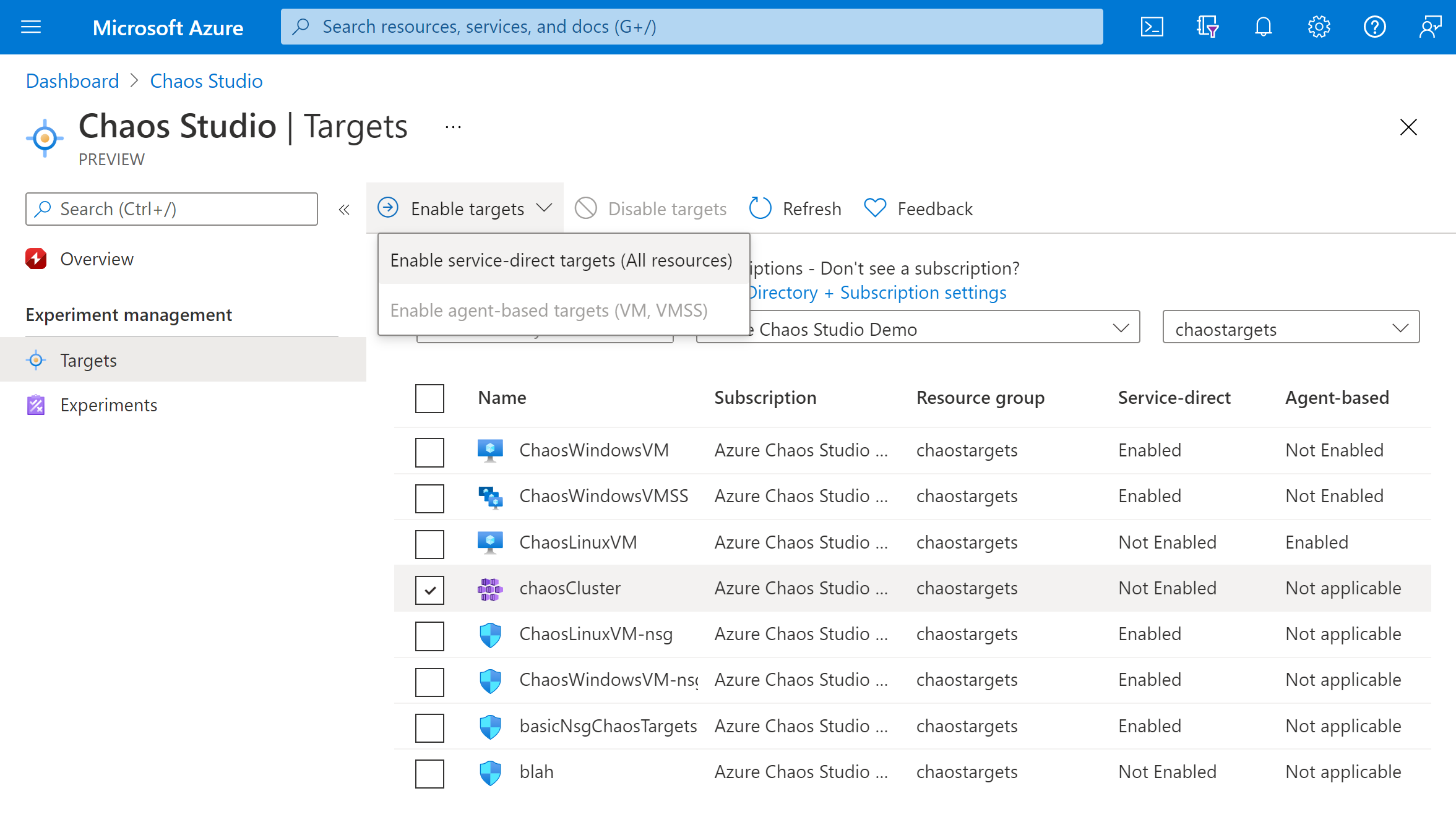 Screenshot, der das Aktivieren von Zielen im Azure-Portal zeigt.