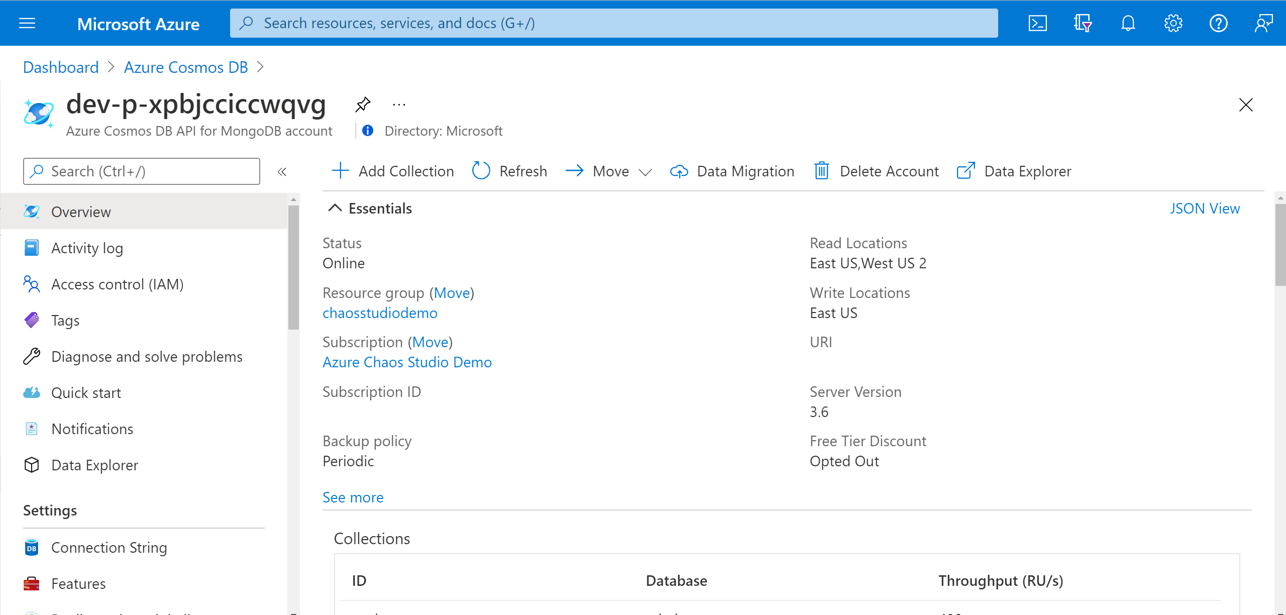 Screenshot: Seite „Übersicht“ von Azure Cosmos DB