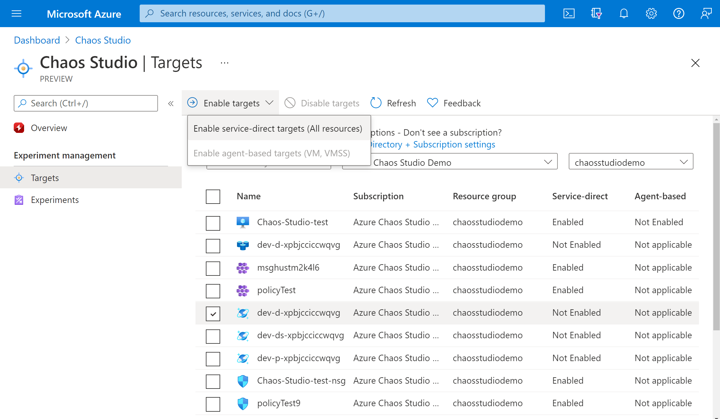 Screenshot, der das Aktivieren von Zielen im Azure-Portal zeigt.