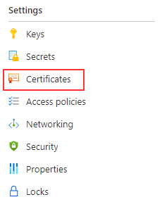 Die Abbildung zeigt die Auswahl der Zertifikateoption im Richtlinienfenster des Key Vault-Blatts im Azure-Portal.