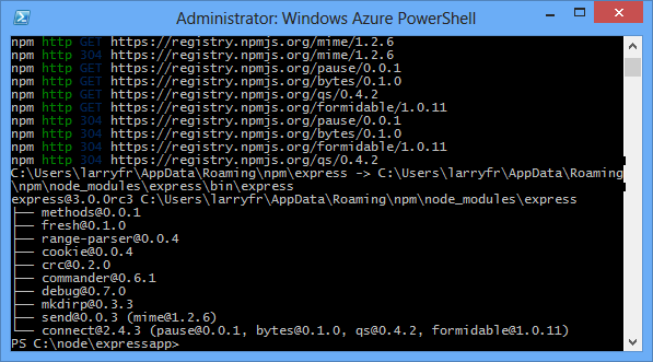 Windows PowerShell zeigt Ausgabe des Befehls npm install express an.