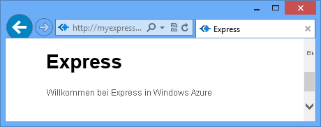 Webbrowser, in dem 'Welcome to Express in Azure' angezeigt wird