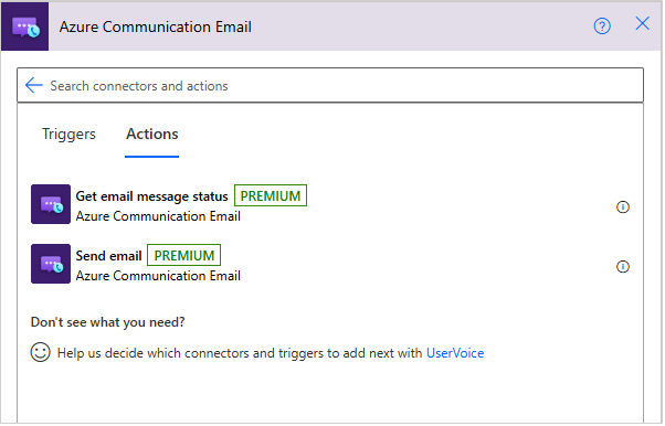 Screenshot: Aktion „E-Mail senden“ des E-Mail-Connectors von Azure Communication Services.