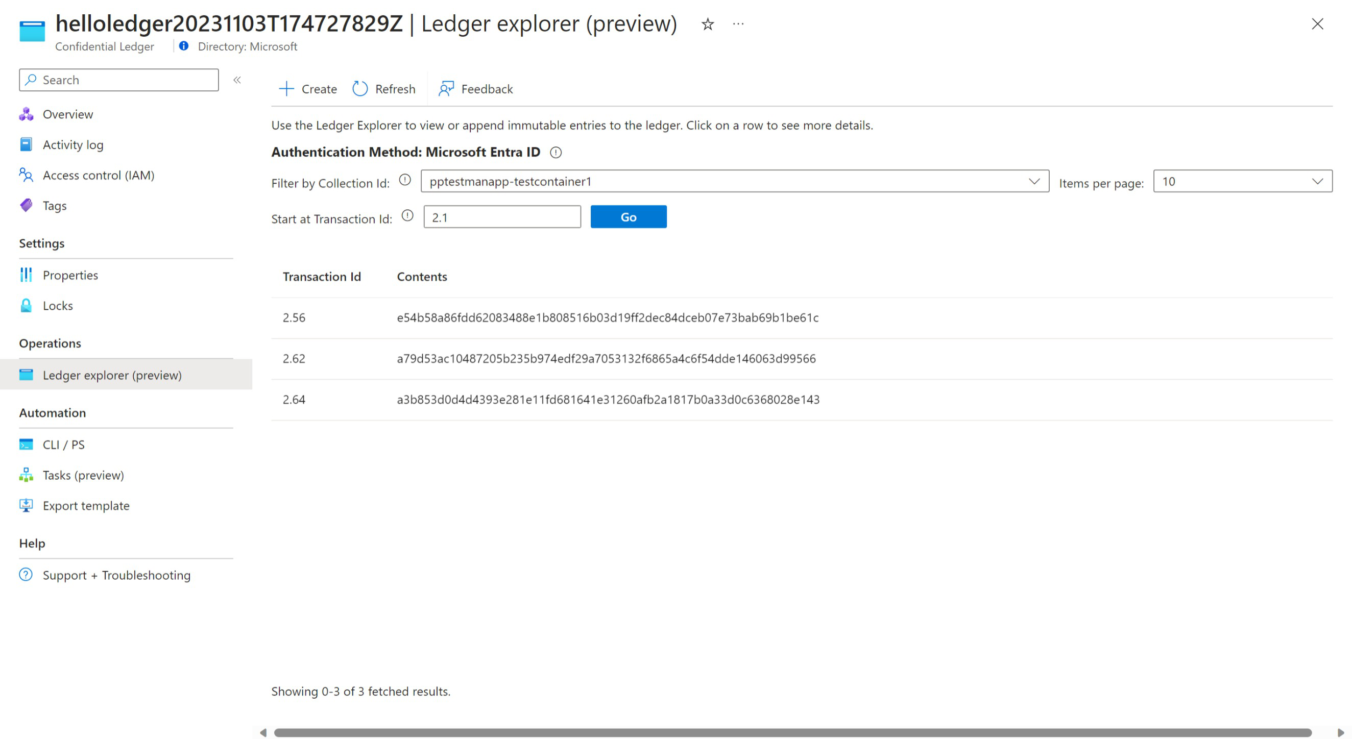 Screenshot des Azure-Portals in einem Webbrowser, der den Azure Confidential Ledger-Explorer mit Digesttransaktionen zeigt.