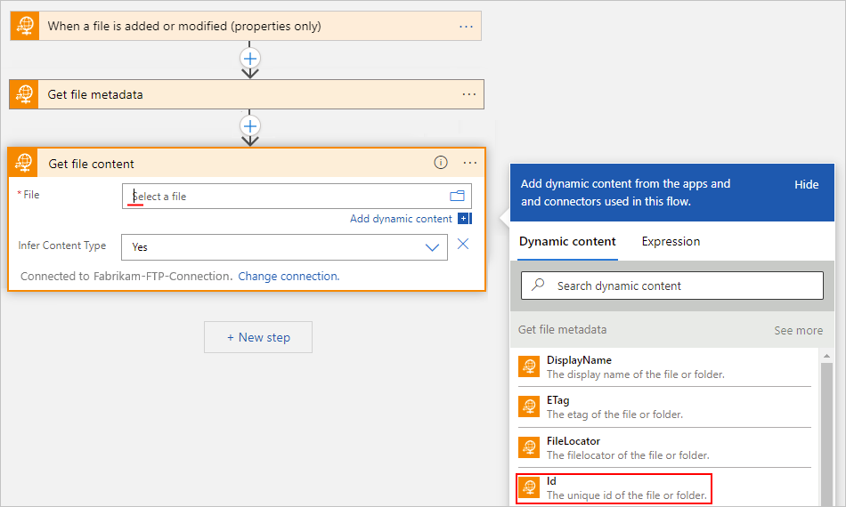 Screenshot: Designer für den Workflow im Tarif „Verbrauch“, Aktion „Dateiinhalt abrufen“ und Eigenschaft „Datei“ mit geöffneter dynamischer Inhaltsliste und ausgewählter Eigenschaft „ID“.