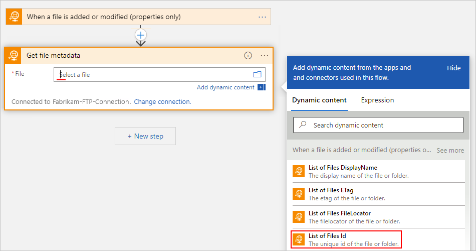 Screenshot: Designer für den Workflow im Tarif „Verbrauch“, Aktion „Dateimetadaten abrufen“, geöffnete dynamische Inhaltsliste und ausgewählte Option „Dateilisten-ID“.