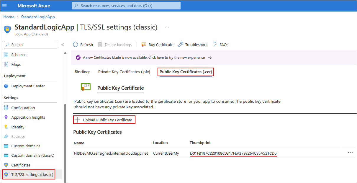 Screenshot: Azure-Portal und der Standard-Logikressource mit den folgenden ausgewählten Elementen: „TLS/SSL-Einstellungen (klassisch)“, „Öffentliche Schlüsselzertifikate (CER)“ und „Öffentliches Schlüsselzertifikat hochladen“