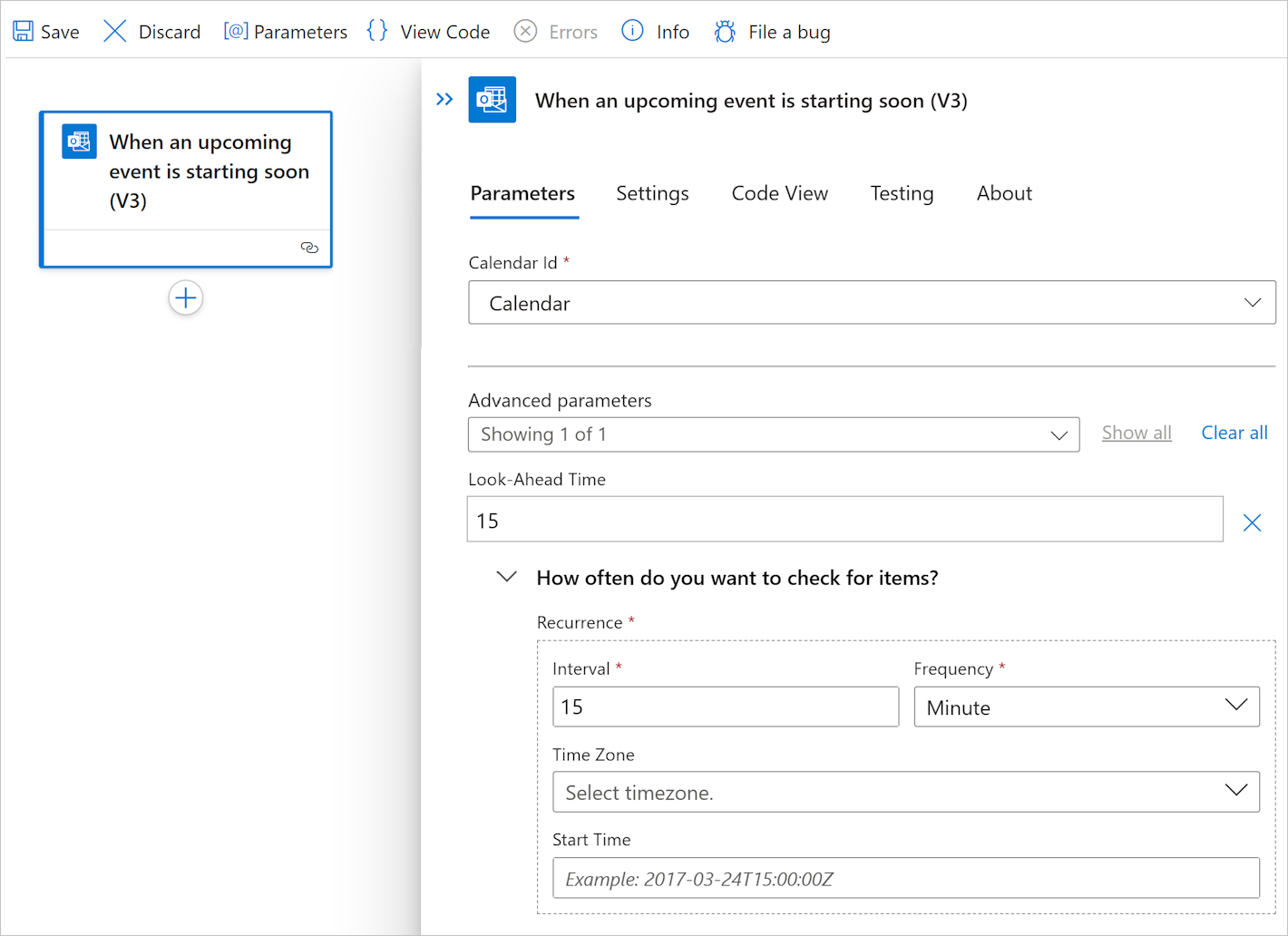 Screenshot zeigt das Azure-Portal, den Standardworkflow und Auslöseparameter.