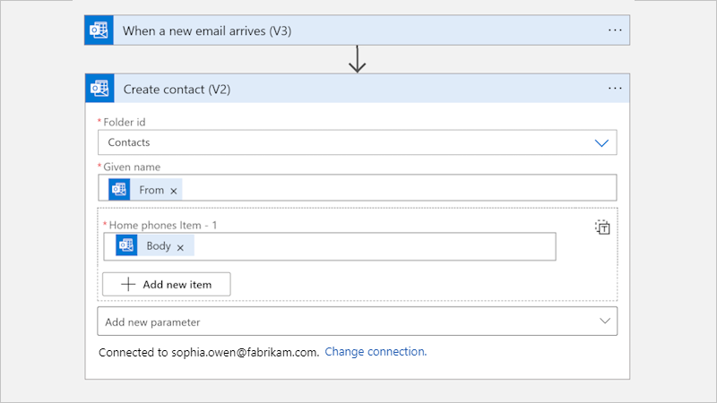 Screenshot zeigt das Azure-Portal, den Verbrauchsworkflow und Aktionsparameter.