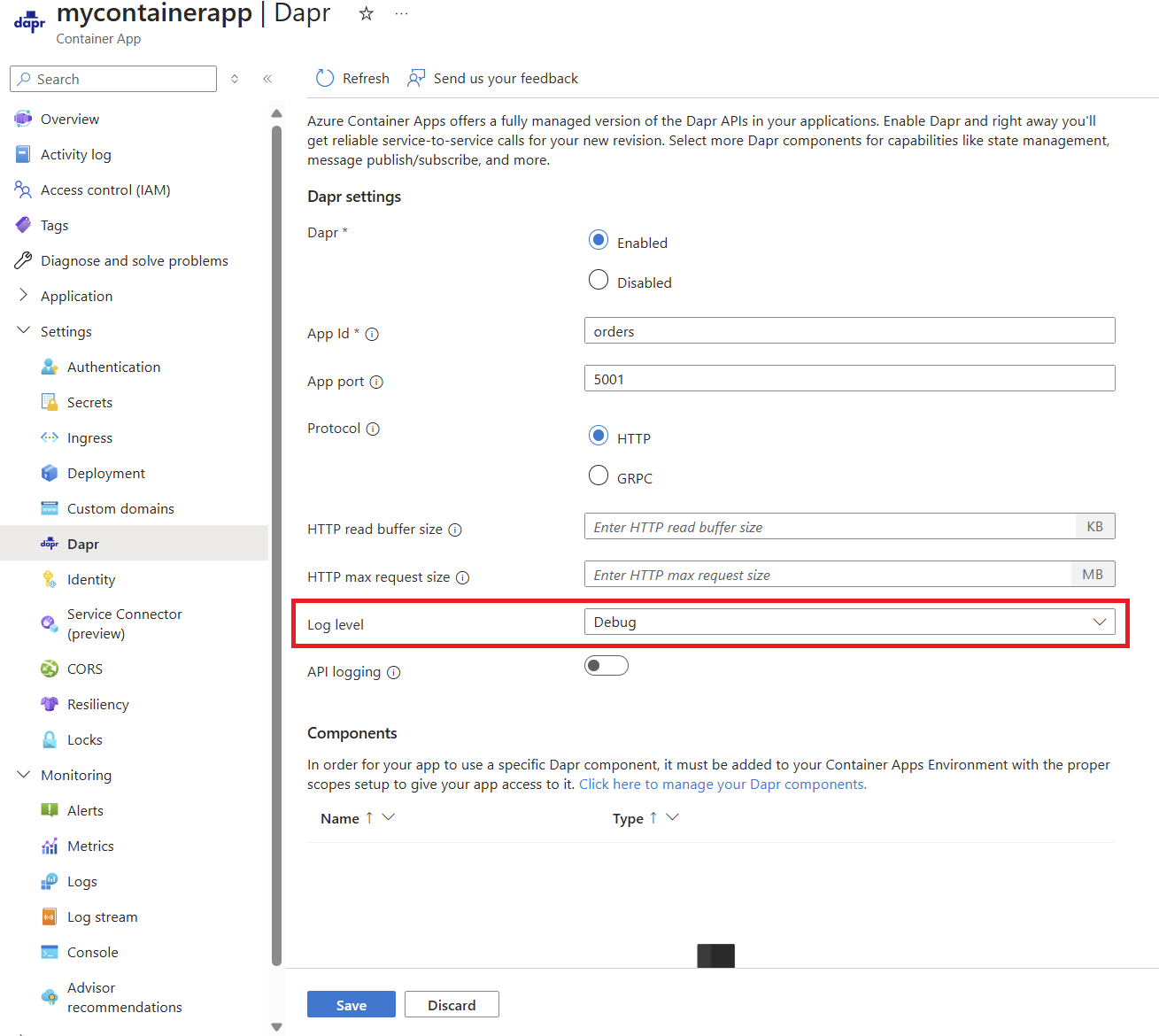 Screenshot der Aktivierung von Debugprotokollen in Ihrer Container-App über das Portal