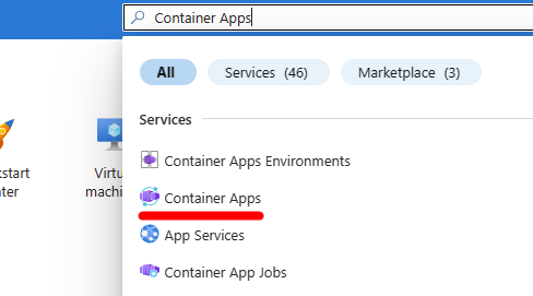 Screenshot: Suchleiste im Azure-Portal mit „Container Apps“ als eines der Ergebnisse