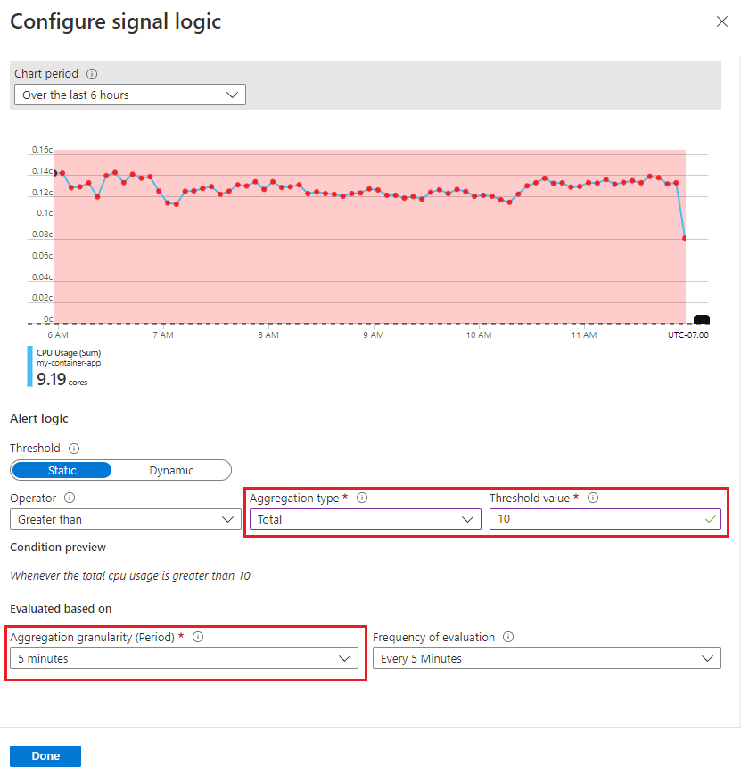 Screenshot des Konfigurierens der Warnungssignallogik in Azure Container Apps.