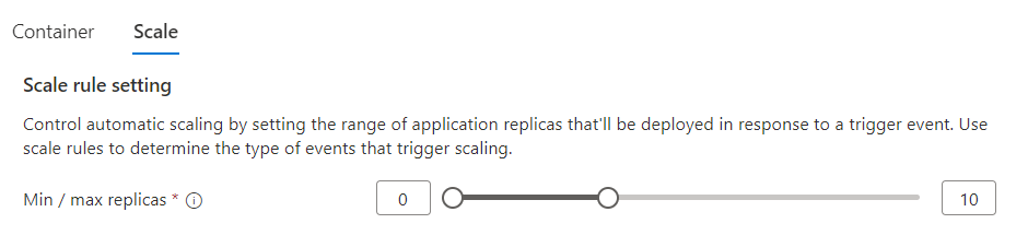 Screenshot: Skalierungsbereich-Schieberegler für Azure Container Apps