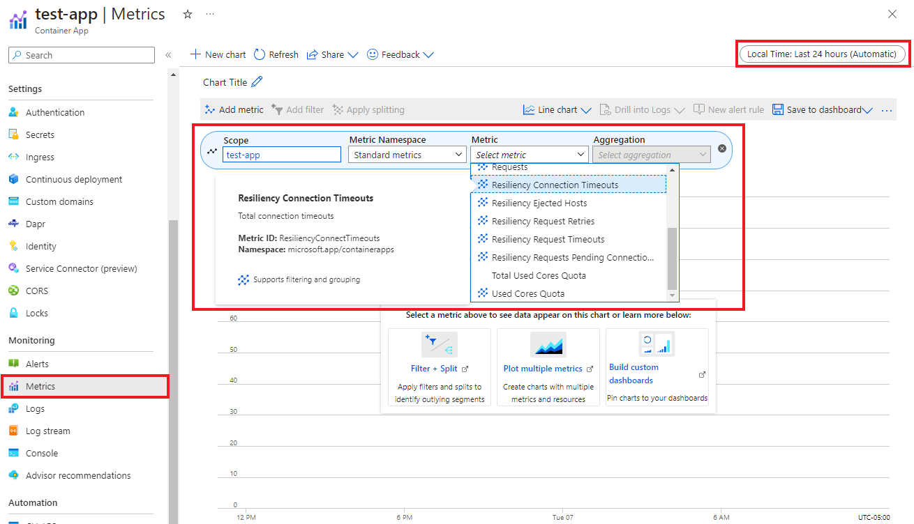 Screenshot: Zugriff auf die Resilienzmetrikenfilter für Ihre Container-App.