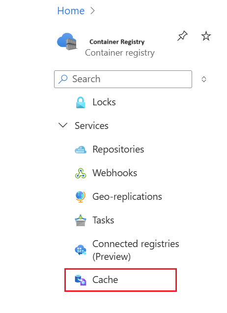 Screenshot für den Registrierungscache im Azure-Portal