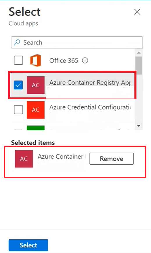 Screenshot der Liste der Apps, mit gefilterten Ergebnissen und ausgewählter Option „Azure Container Registry“.