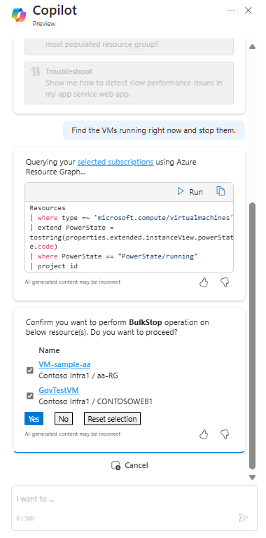 Screenshot: Reaktion von Copilot in Azure auf eine Anforderung zum Beenden ausgeführter VMs