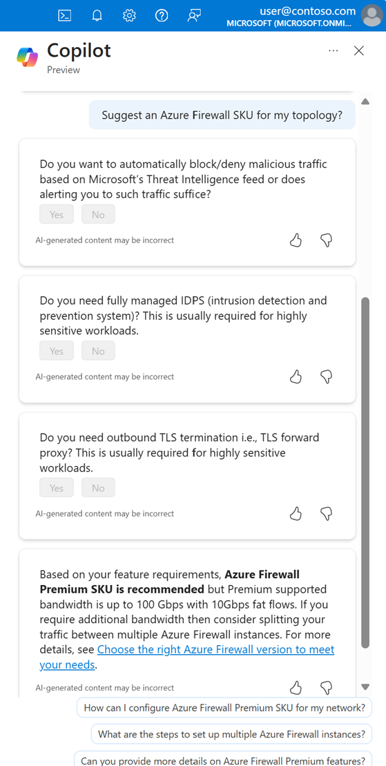 Screenshot von Copilot, der eine Azure Firewall-SKU für die gewünschte Topologie vorschlägt.