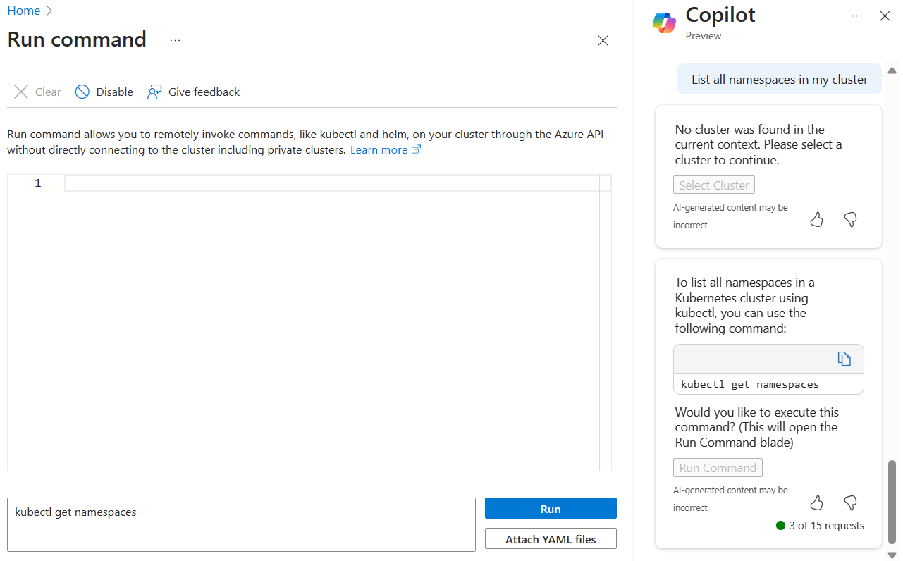 Screenshot: Prompt für Microsoft Copilot in Azure zum Ausführen eines kubectl-Befehls