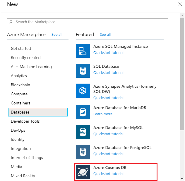 Screenshot: Bereich „Datenbanken“ im Azure-Portal