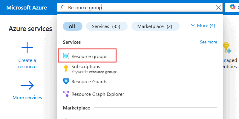 Screenshot: Im Suchmenü ausgewählte Option „Ressourcengruppen“