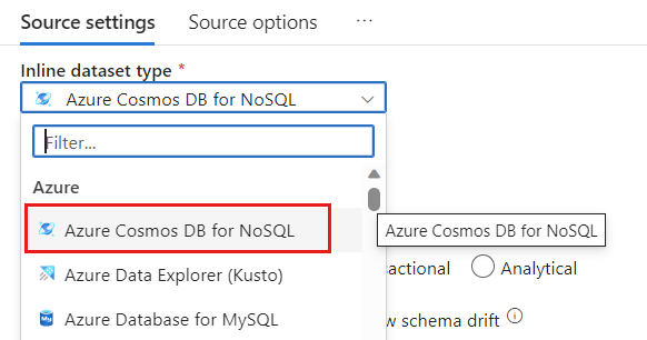 Screenshot: Auswählen von Azure Cosmos DB for NoSQL als DataSet-Typ